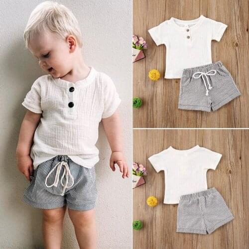Dropshipping 2Pcs Clothes Set Boys Summer Baby Boys Girls Cotton Linen Button T-shirts Tops+Striped Shorts Pants Outfits