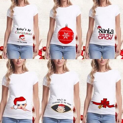 Pregnancy Shirt Maternity Christmas Ladies Top Women Pregnancy T-shirt Cute Santa Baby Print Pregnant Maternity T Shirts Tops