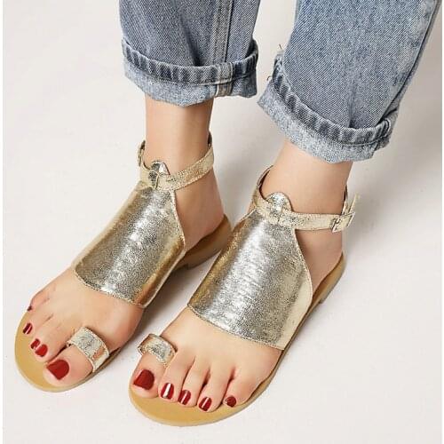 Big Size 34-46 New Pu Leather Flat Heel Sandals Women Ankle Strap Summer Black Gold White Beige Casual Beach Flat Sandals