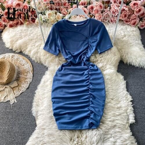 HangCode Sexy Hollow Out T Shirt Dress 2021 Summer Short Sleeve Ruched Mini Bodycon Dress Casual Ladies Dresses Vestidos