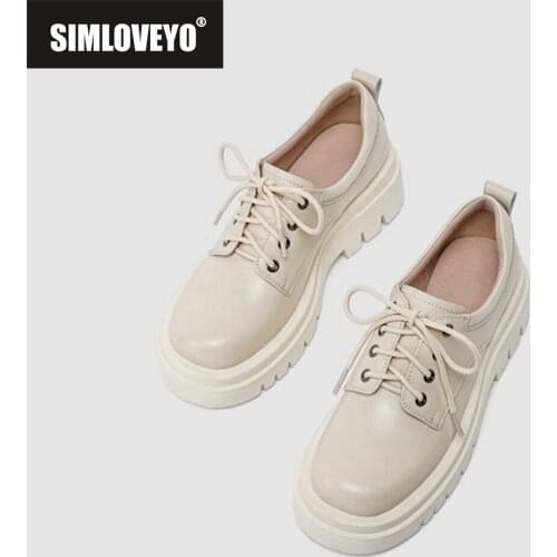 SIMLOVEYO Plus Size 34-43 Genuine Leather Pumps Women Platform Shoes Square Heels Lace Up Flat Square Heel Spring Ladies Dress