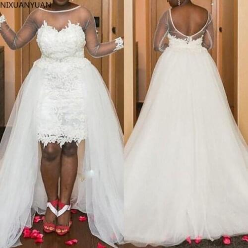 2021 2 In 1 Wedding Dress 2021 Backless Lace Vestidos De Noiva African Short Dress with Detachable Train