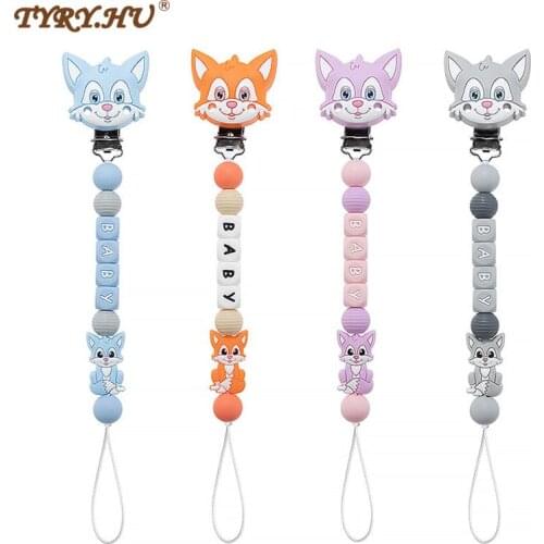 TYRY.HU Customed Name Silicone Letter Beads Pacifier Chain Cartoon Fox Teether Bracelet For Newborn Baby Girl Boy Shower Gift