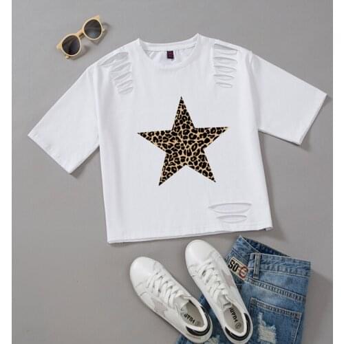 Crop Top Cotton Tshirt Girl Hole Tee Shirt Leopard Star Graphic T Shirts Vintage Streetwear Short Tops for Women Casual Summer