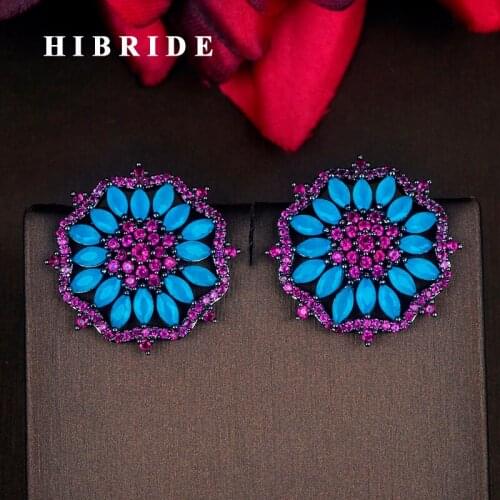 HIBRIDE Brand Brazil Style Multicolor Flower Shape Cubic Zirconia Stud Earring For Women boucle d'oreille Wholesale Price E-753