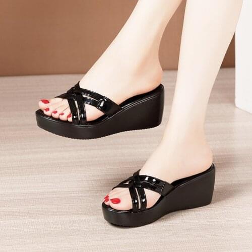 Big Size 32-43 Open Head Medium Heel Platform Slippers Women Shoes 2021 Summer Wedges Slides Ladies Daily Casual Slippers Beach