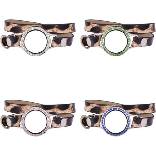 5pcs/lot 30mm Different color crystals Glass Locket 37CM Leopard Double Wrap PU Leather Bracelet Wristband With 50pcs Charms