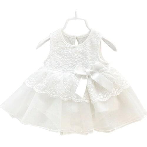 White Cotton Baptism Dress for Baby Girl Floral Lace Bowknot Christening Gown First Birthday Party Casual Dresses for Newborn