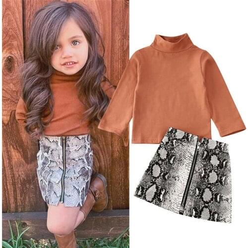 Free shipping Toddler Baby Girls clothes Turtle Neck solid pullover Long Sleeve Tops snakeskin zipper Skirts 2pc Kids Outfits