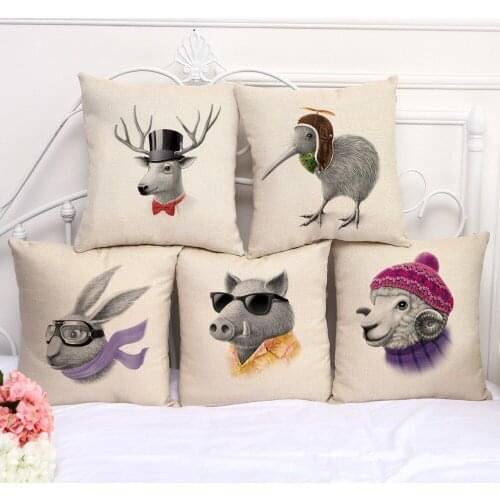 Decorative Pillow Case Animal Pig Sheep Rabbit Bird Deer Pillowcase 17.5 Inch Cotton Linen Chair Seat Throw Pillow Cover A1059