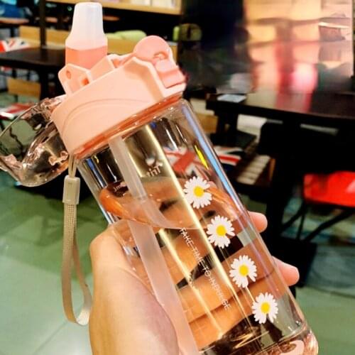 Summer Daisy with Straw Rope Cup Female Cute Girl Student Plastic Cup Water Bottle with Straw Cute Water Bottle for Girls Kawaii