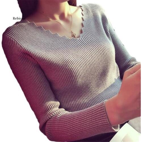 Fashion Autumn Women V-Neck Long-Sleeve Knitted Sweater Female Jumper Pullover Solid Basic Elasticity Women Clothing Pull Femme