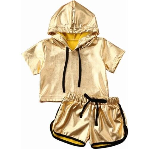 1-5Y 2PCS Toddler Kids Baby Girls Clothes Sets Golden Short Sleeve Hooded Tops Casual Short Pants Tracksuit Outfit