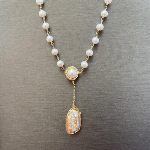 Natural Fresh Water Baroque Pearl Long Necklace For Women Engagement Ethnic Round Handmade Fine Jewellery Handmade Accessories