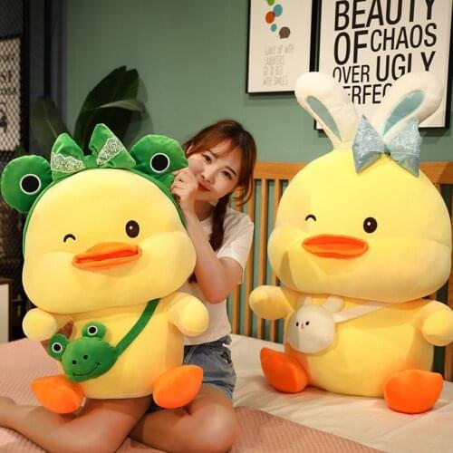 25-70cm Lovely Duck Plush Toy Stuffed Animal Turn to Frog Rabbit Doll Soft Duck Pillow with Backpack Girls Lovely Birthday Gift