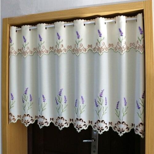 Half-curtain Purple Lavender Flower Embroidery Hollow Lace Hem Coffee Curtain Tulle Curtain for Wedding Kitchen Cabinet Door