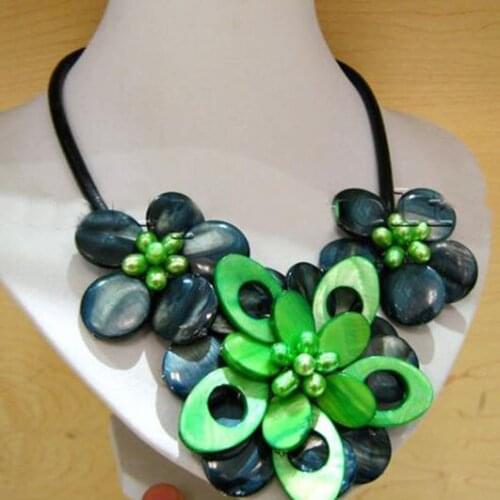 Unique Pearls jewellery Store Green Shell Real Freshwater Pearl Flower Black Rope Leather Nekclace Fine Jewelry Women Gift