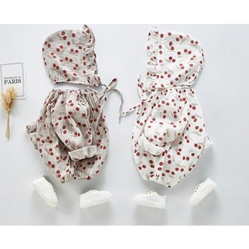 2020 Newborn Baby Spring Summer Clothes Cherry Cute Outfits Overalls Fashion Girl Floral Bodysuit Jumpsuit With Hat Outfits Set