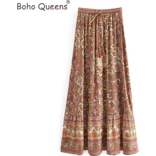 Boho Queens Hippie women Bohemian animal floral print beach skirt High Elastic Waist Maxi Long A-Line Boho Skirt Femme