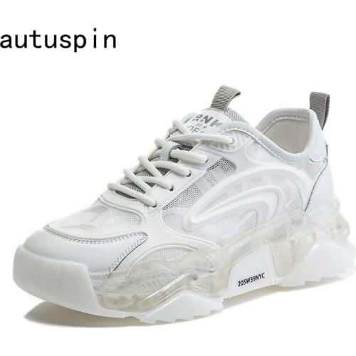 Autuspin New Mesh Women Sneakers Fashion Flat Platform Genuine Leather Shoes for Ladies Outdoor Casual Breathable Sports Flats