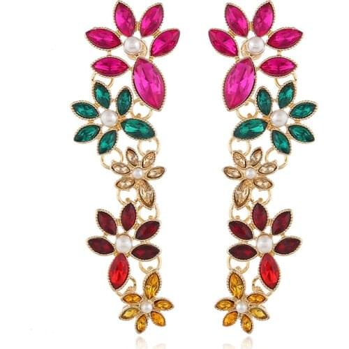 Vintage Charms Colorful Rhinestone Beads Flower Earrings Brand Long Drop Earrings for Women Statement Jewelry