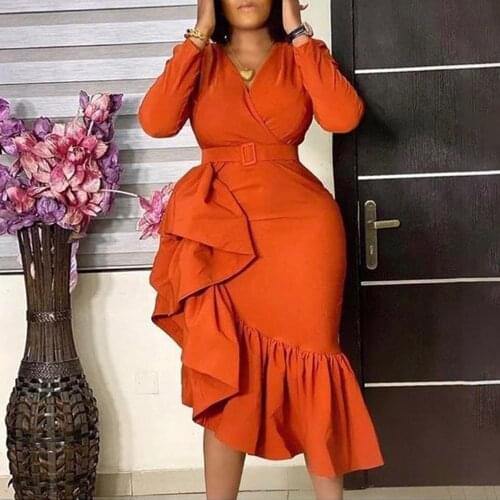 Plus Size Women Autumn Dress Asymmetric Falbala Black Orange Midi Robe Femme Vestiods Office Lady Workwear Elegant African Dress