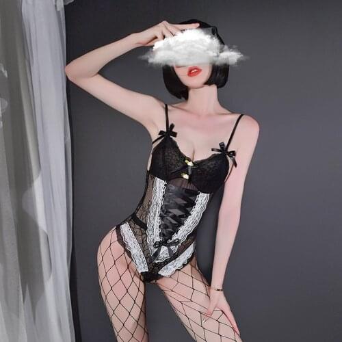 Women Sexy Black Cotton Lingerie Set Maid Cosplay Lovely Bandage Bowknot Lace Trim Sling Jumpsuits Erotic Bodysuit Night Life