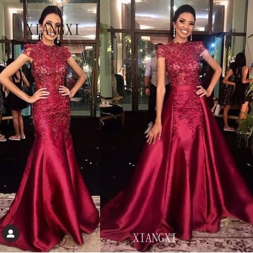 2020 Burgundy Mermaid Evening Dresses Long Jewel Neck Lace Embroidery Beaded Floor Length Evening Dress Formal Gowns Vestidos