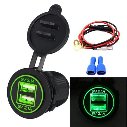 4.2A Dual USB Motorcycle Car Charger Socket Waterproof Green Indicator Light Power Outlet for Boat ATV With 60CM 10A Fuse Wires