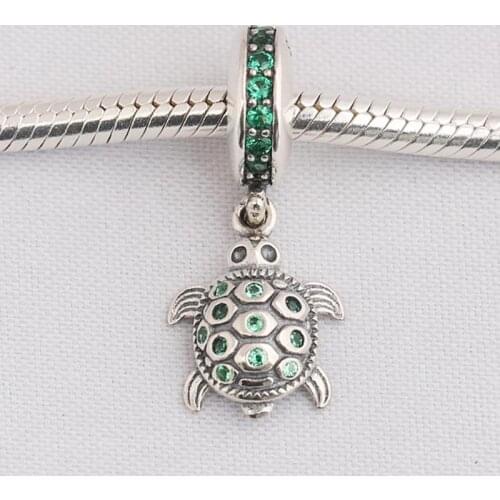 Authentic S925 Bead Charm Cute Tortoise With Green Crystal Pendant Beads for Women Bracelet Bangle DIY Jewelry
