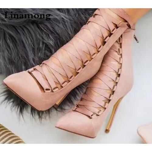 Army Green Black Grey Pink Womens Shoes Faux Suede Cross-tied Strappy High Heels Pointed Toe Lace Up Ankle Boots Sexy Stilettos