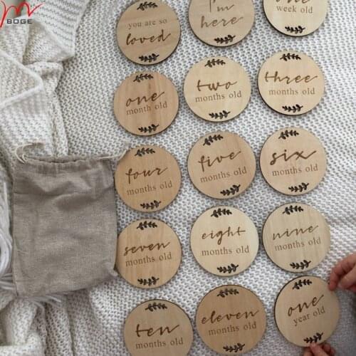 Wooden Milestone Cards Round Newborn Baby Shower Gift Month Cards Wood 15 Pcs