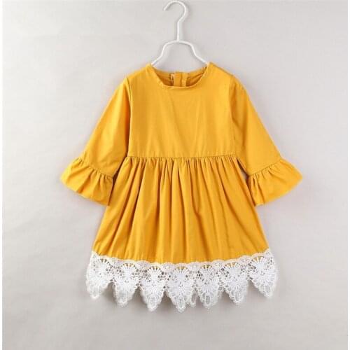 DFXD Toddler Dress Spring 1-8Years Kids Clothes Yellow Flare Sleeve Lace Patchwork Princess Dress Cotton Vestidos Baby Clothing