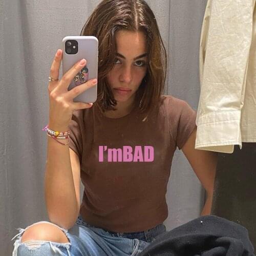 DSMTRC 2021 Letter Print Brown Short Sleeve Cropped Tshirt Women Casual Summer Basic T-shirt Streetwear Fashion Tee Shirts