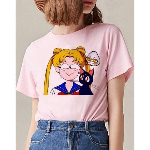 Sailor Tshirt Aesthetic Shirt Women Harajuku Short Sleeve Ulzzang T-Shirt Cute Cat Vintage T Shirt Top Tees Tumblr Female