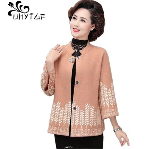 UHYTGF Cardigan For Women Quality Knitted Spring Autumn Sweater Coat O Neck Single-Breasted Casual Short Jacket Mother Tops 1777