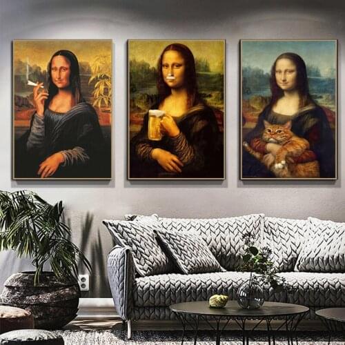 Leonardo da Vinci Oil Painting Mona Lisa Canvas Painting Beer Smoking and Fat Cat Decorative Painting Wall Art Print Poster