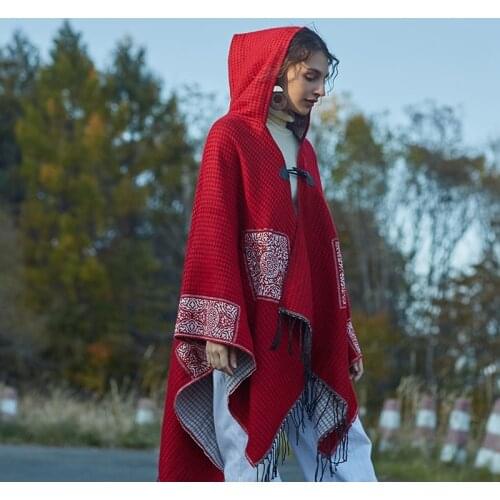 Chinese Red Pashmina For Women Wool Like Triangle Poncho Bohemia Exotic Winter Cashmire Like Scarves Button Hooded Cloak Capes