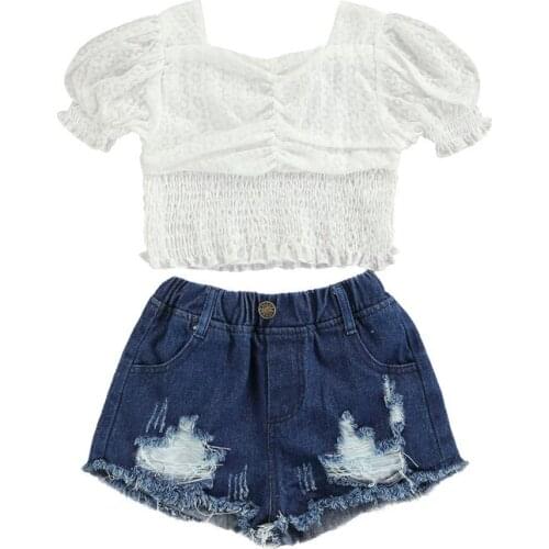2Pcs Toddler Baby Girl Clothes Set Short Sleeve Shirt Top Ripped Denim Shorts