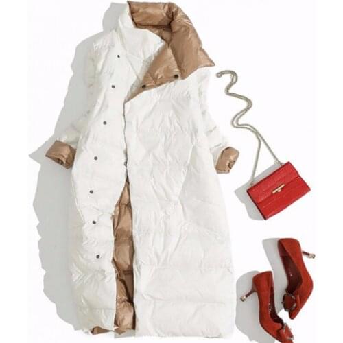 Trendy Plus Size 3XL Women Double Sided Down Long Jacket White Duck Down Coat Winter Double Breasted Warm Parkas Snow Outwear