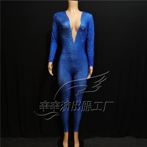 2020 Women New Sexy Glisten Blue Rhinestones Party Prom Sexy Jumpsuit Costume Stage Wear Dance Nightclub Singer Dance Jumpsuit