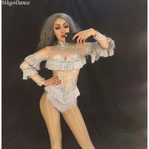 New woman Sexy Nightclub Stage Luxury Sparkly Crystals Tassel Bodysuit Costume Celebrate Rhinestones Birthday Silver Leotard