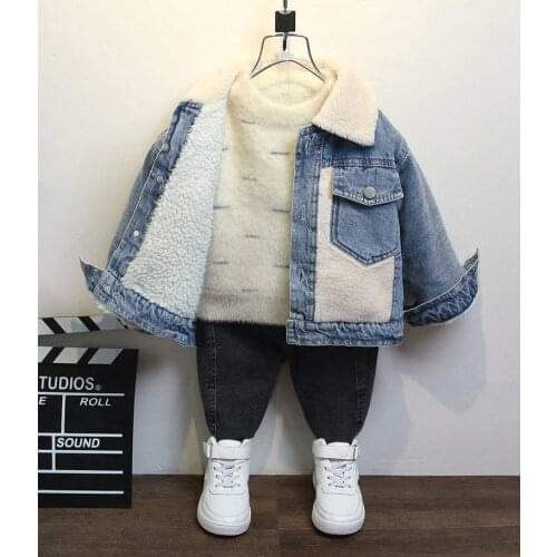 Lambswool Thick Warm Kids Denim Coat Outerwear 2021 New Autumn Turn Down Collar Pockets Boys Winte velvet warm Jean Jackets