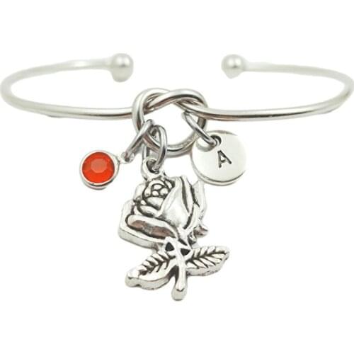 Rose Flower Retro Creative Initial Letter Monogram Birthstone Adjustable Bracelet Fashion Jewelry Women Gift Pendant