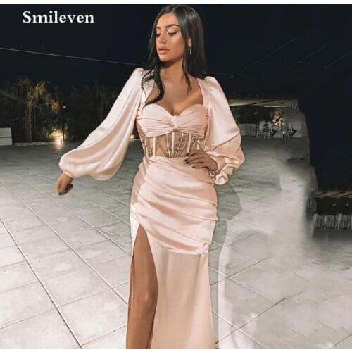 Smileven Peach Puff Sleeve Mermaid Evening Dresses Sexy Side Split Arabic Special Occasion Dresses Prom Party Gowns