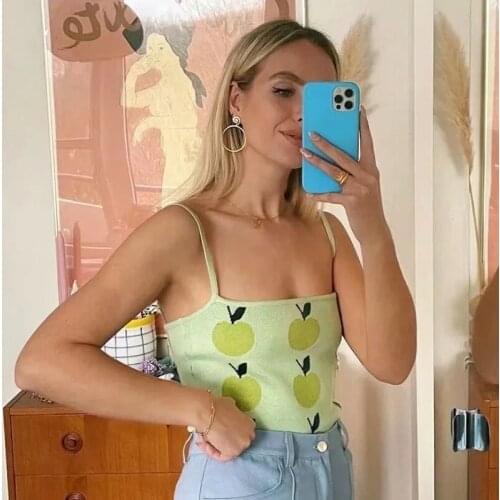 Foridol Apple Fruit Print Knitted Tank Tops Camis Women Summer High Fashion Y2K Sleeveless Crop Tops Green Camis Mujer