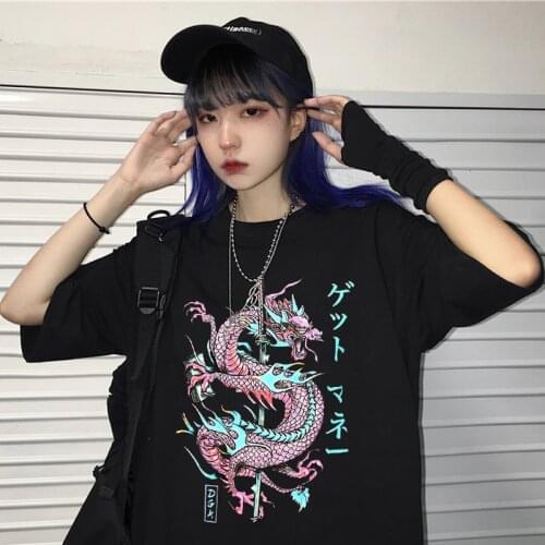 Dragon print vintage summer casual fashion cartoon punk tees plus size ins short sleeve female Harajuku tops Ulzzang T-shirt
