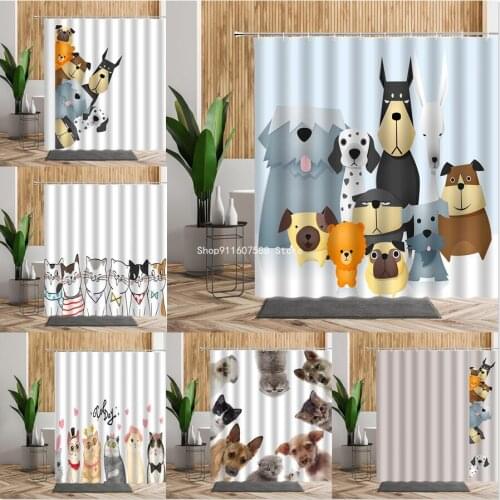 Cartoon Cute Cat Dog Shower Curtain Set 3D Animal Printed Bathroom Decor Waterproof Bath Fabric Home Curtains for Children Kids