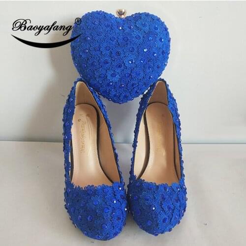 BaoYaFang crystal Royal Blue Flower Heart bag and shoes Woman Wedding shoes Bride platform shoes with matching bags female Pumps