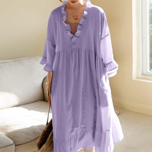 Womens Elegant Midi Sundress 2021 Autumn Solid Ruffle Vestidos ZANZEA Lace Up V Neck Dress Fashion Casual Loose A Line Dresses